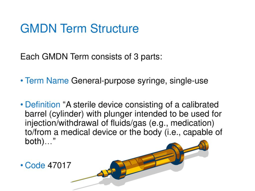 Diagrama que muestra la estructura de un término GMDN, con un ejemplo de jeringa de un solo uso y su código asociado.