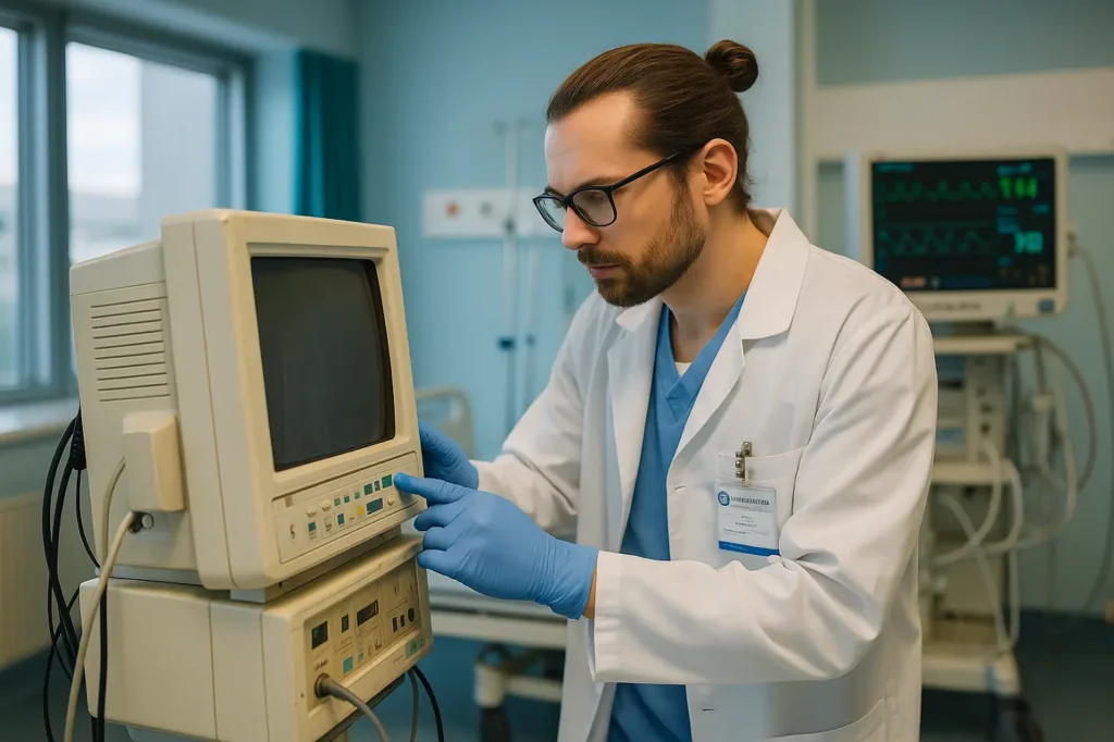 Técnico biomédico inspeccionando un equipo médico antiguo en un entorno hospitalario, evaluando su estado operativo.