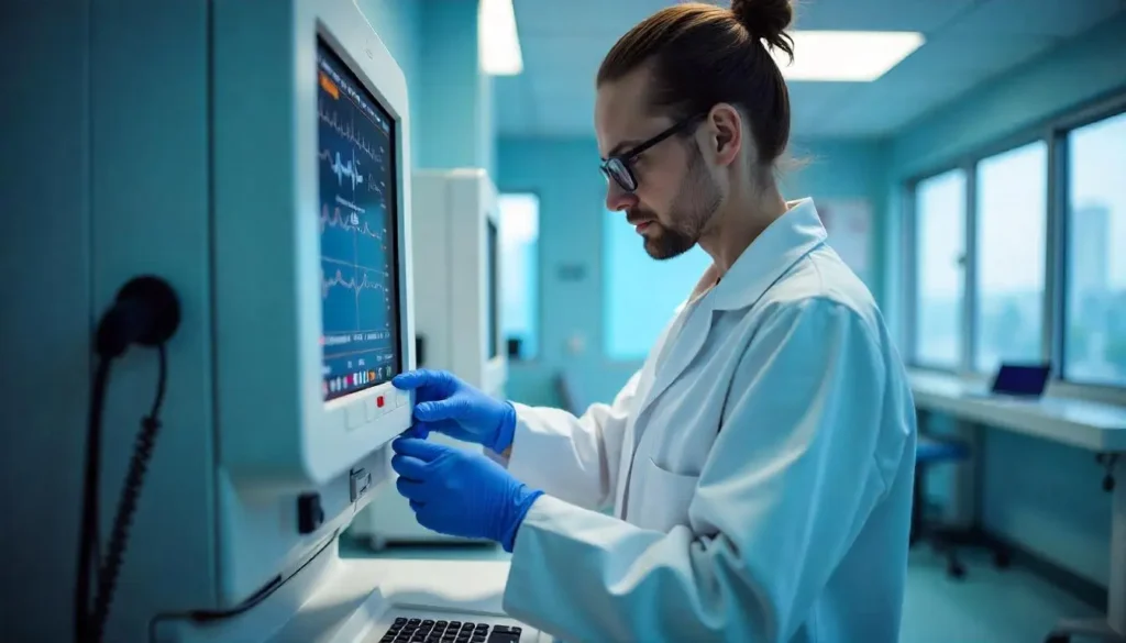 Técnico biomédico realizando mantenimiento de equipo médico hospitalario con guantes azules frente a monitor clínico.