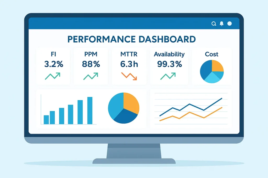 Dashboard de indicadores clave de rendimiento (KPIs) para mantenimiento de equipo biomédico, mostrando métricas de fallas (FI), cumplimiento de mantenimiento preventivo (PPM), tiempo promedio de reparación (MTTR), disponibilidad y costo.
