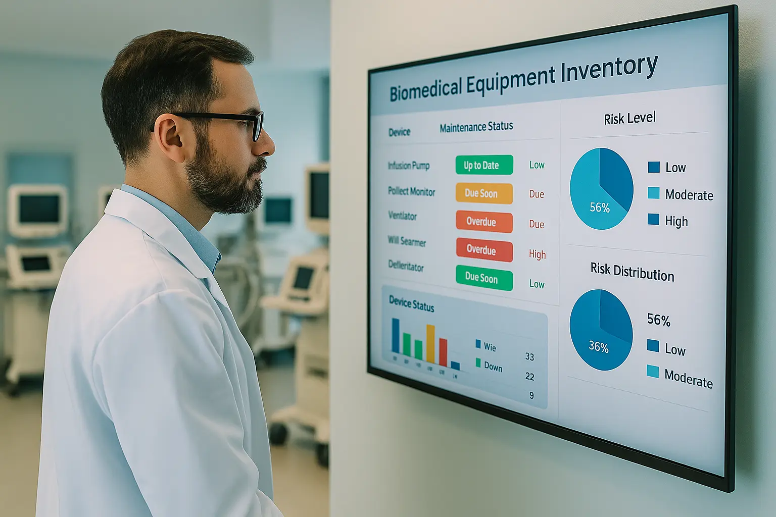 Técnico biomédico revisando en pantalla un panel de inventario de equipos médicos con estado de mantenimiento y niveles de riesgo