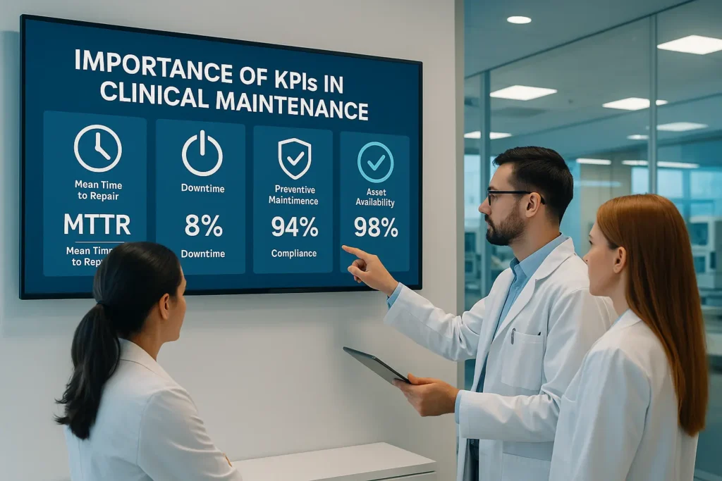 Ingenieros clínicos analizando indicadores clave de mantenimiento en una pantalla digital dentro de un hospital moderno.