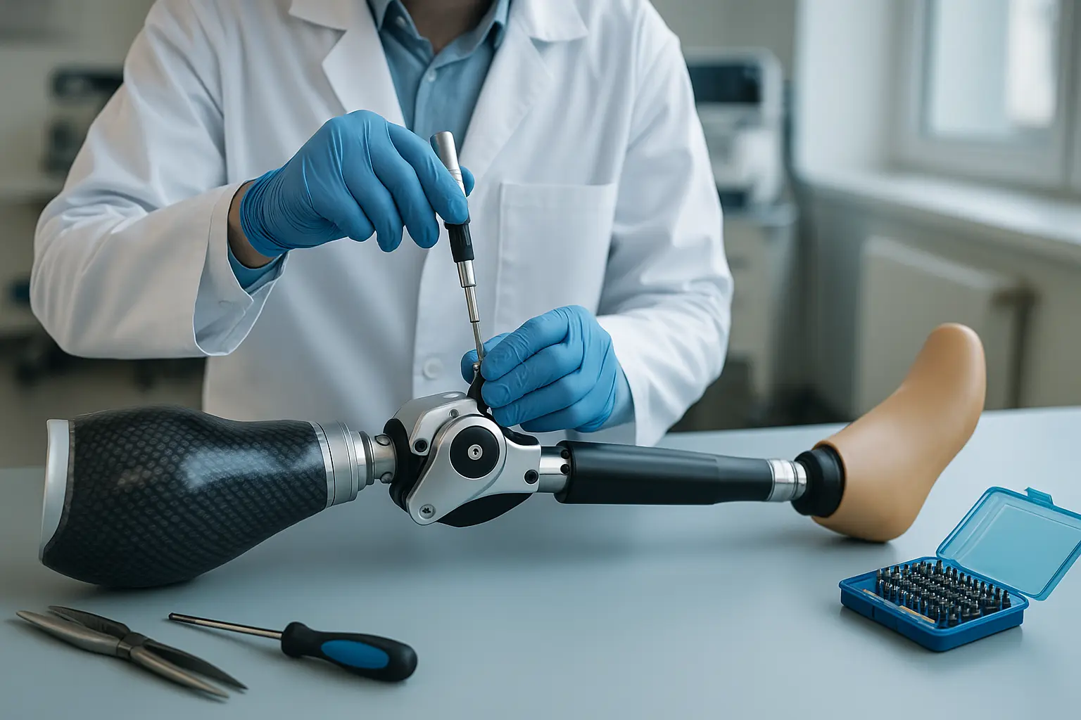 Primer plano de un técnico biomédico ajustando una prótesis de pierna moderna con herramientas de precisión en un entorno clínico.