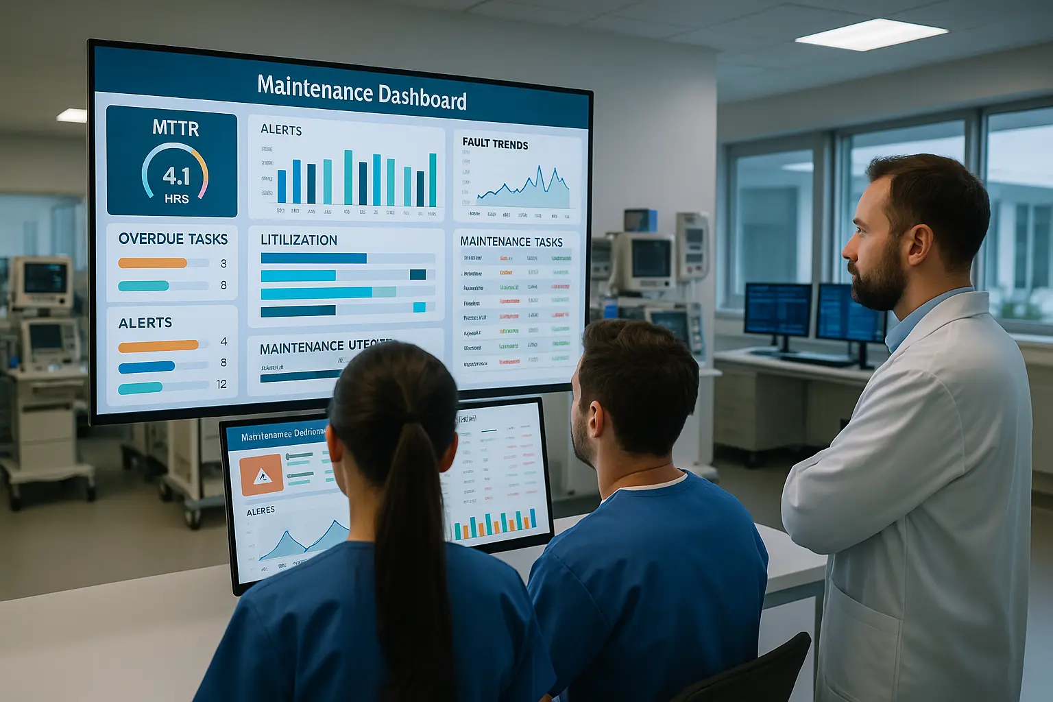 Profesionales clínicos en una sala técnica hospitalaria monitorean un panel digital con métricas, alertas y tendencias de mantenimiento.