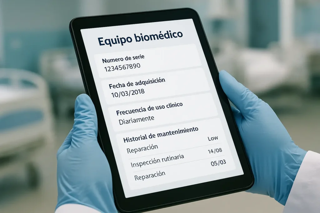 Primer plano de una tablet mostrando el perfil técnico de un equipo biomédico en un hospital, sostenida por manos con guantes de látex