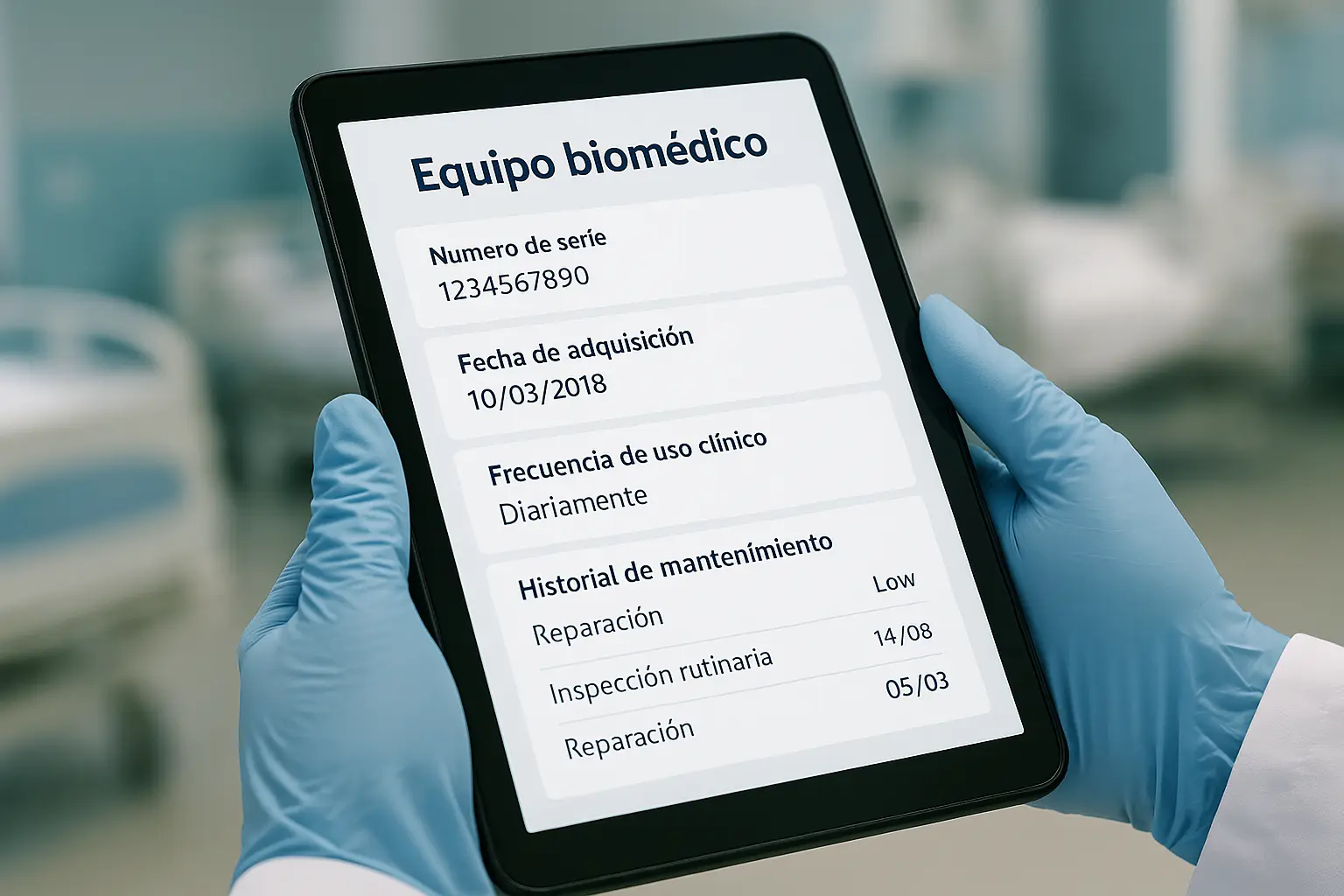 Primer plano de una tablet mostrando el perfil técnico de un equipo biomédico en un hospital, sostenida por manos con guantes de látex