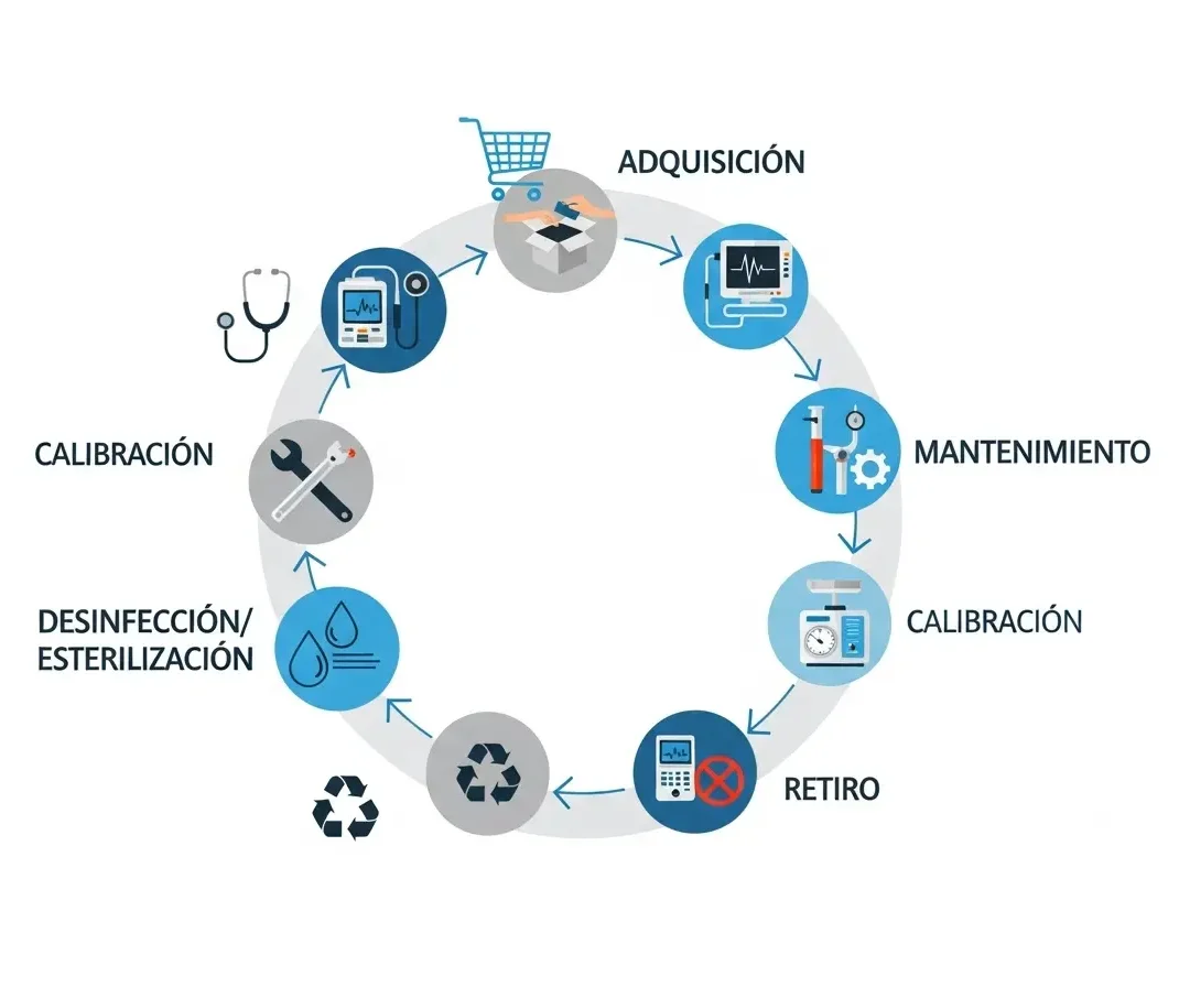Infografía profesional que ilustra el ciclo de vida de un dispositivo médico. Debe mostrar etapas como 'Adquisición', 'Mantenimiento' y 'Retiro' con íconos