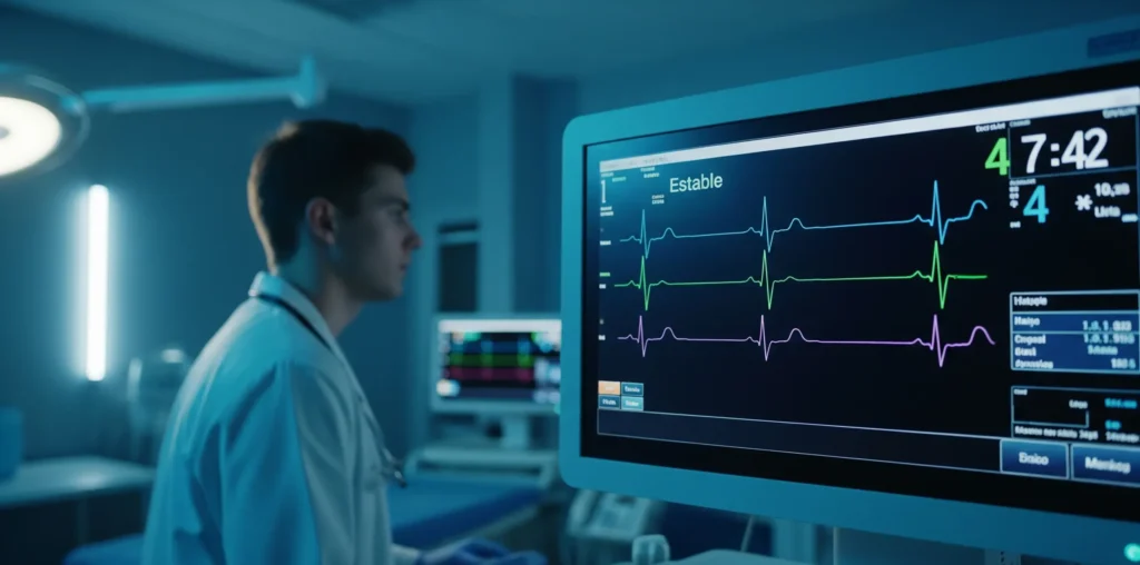 Monitor de signos vitales con un electrocardiograma estable en una sala de urgencias, demostrando la seguridad hospitalaria que garantiza un software CMMS para la gestión de equipos médicos.
