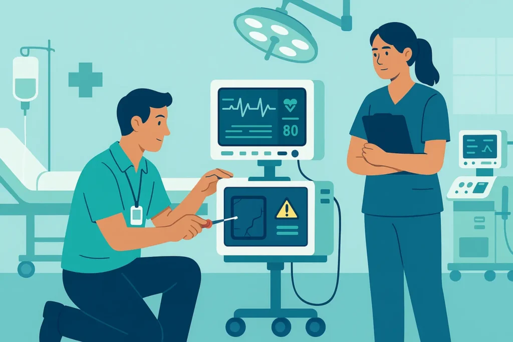 Técnico biomédico reparando un monitor hospitalario mientras una enfermera supervisa con carpeta en mano, en un entorno clínico con equipos médicos.