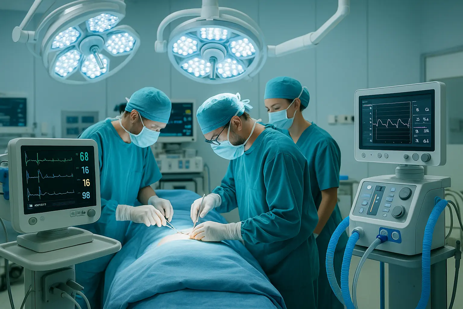 Ingeniero biomédico revisando monitor multiparámetro durante cirugía, con médicos de fondo desenfocados en un quirófano profesional.