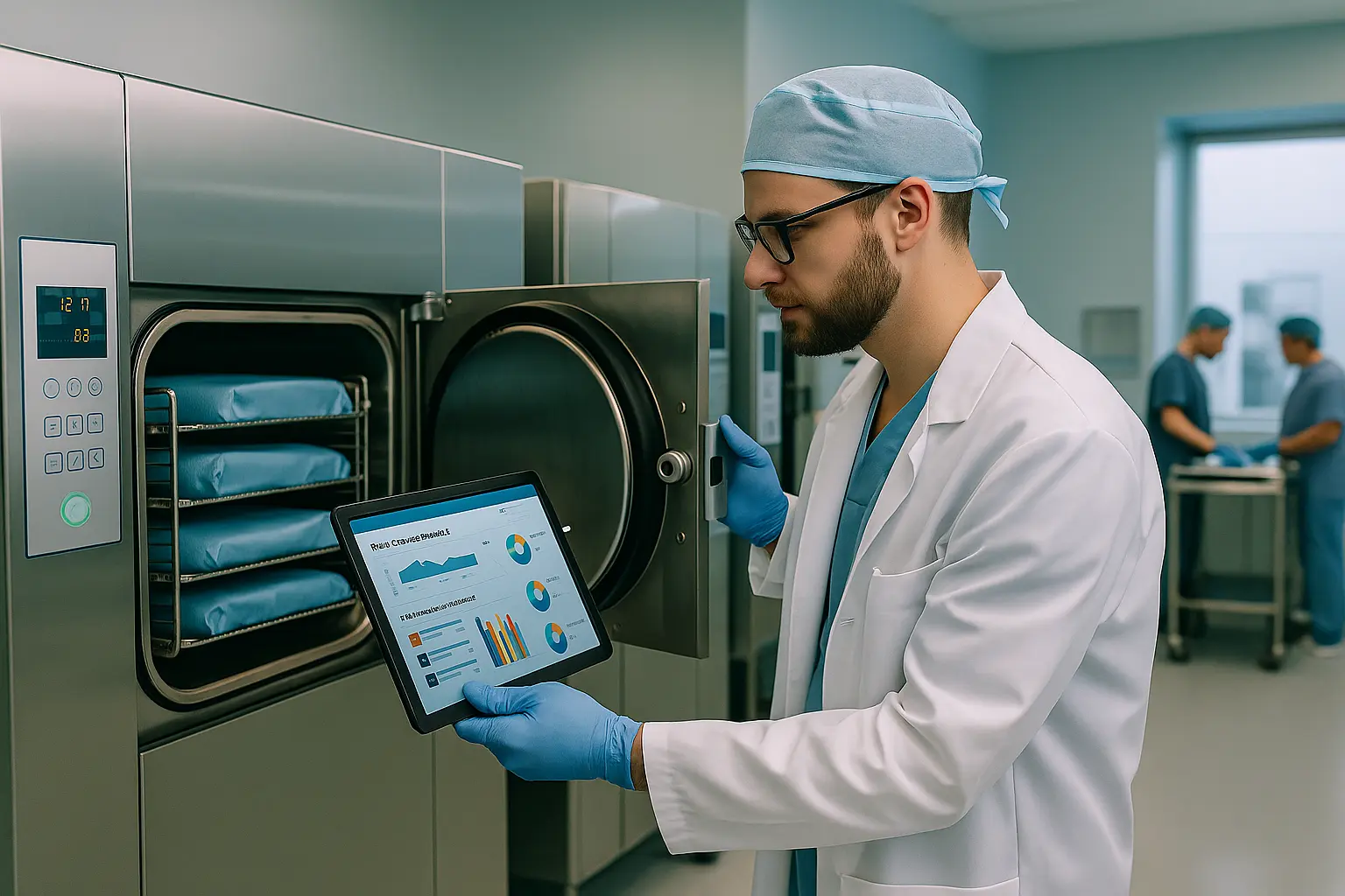 Técnico biomédico inspeccionando autoclaves en sala de esterilización hospitalaria moderna.