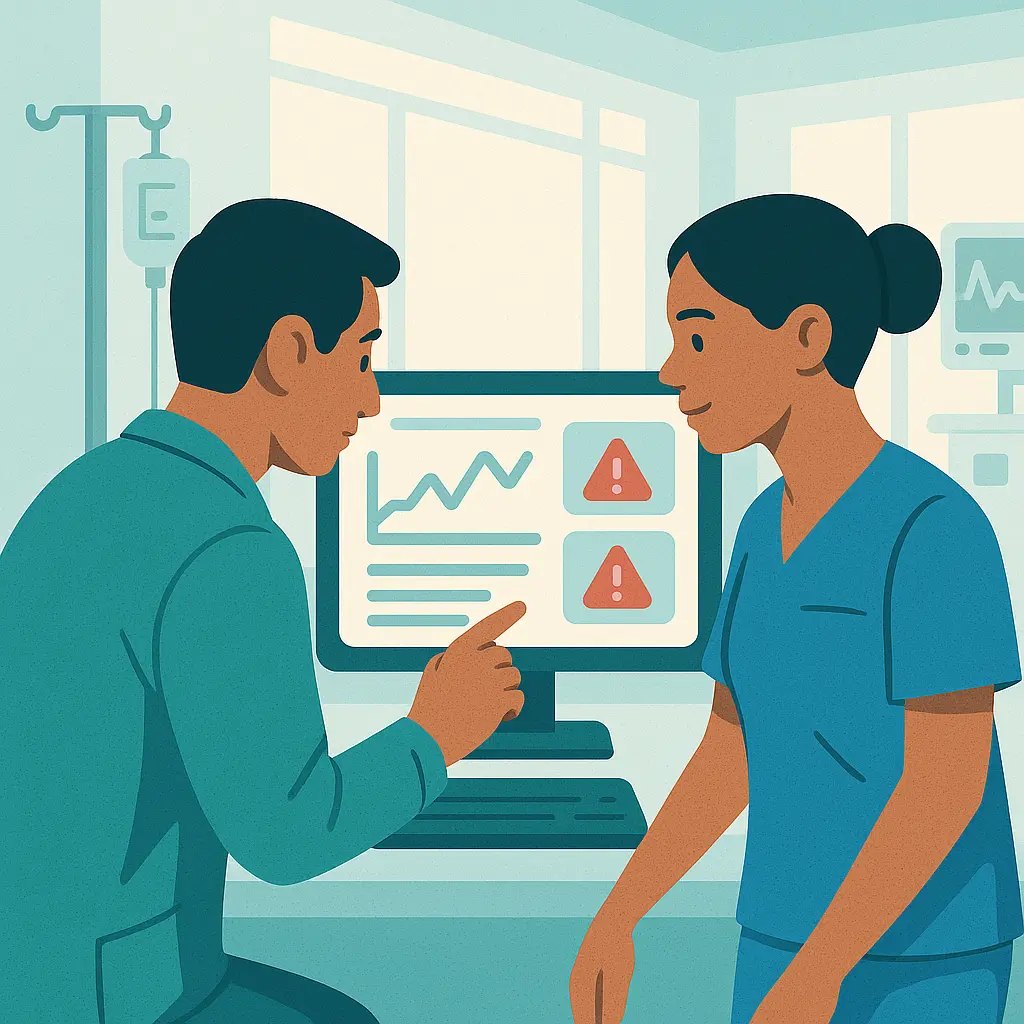 Técnico biomédico y enfermera revisando en una computadora datos de dispositivos médicos, con alertas y registros de mantenimiento visibles en la pantalla en un entorno hospitalario seguro.