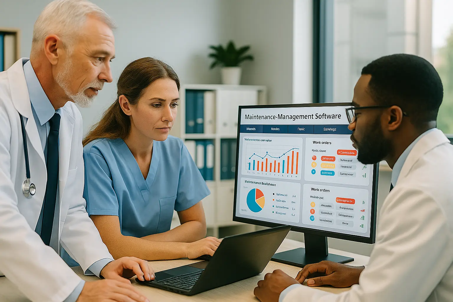 Equipo médico revisando datos de mantenimiento hospitalario en una sala de juntas con enfoque en la toma de decisiones colaborativas mediante software CMMS.