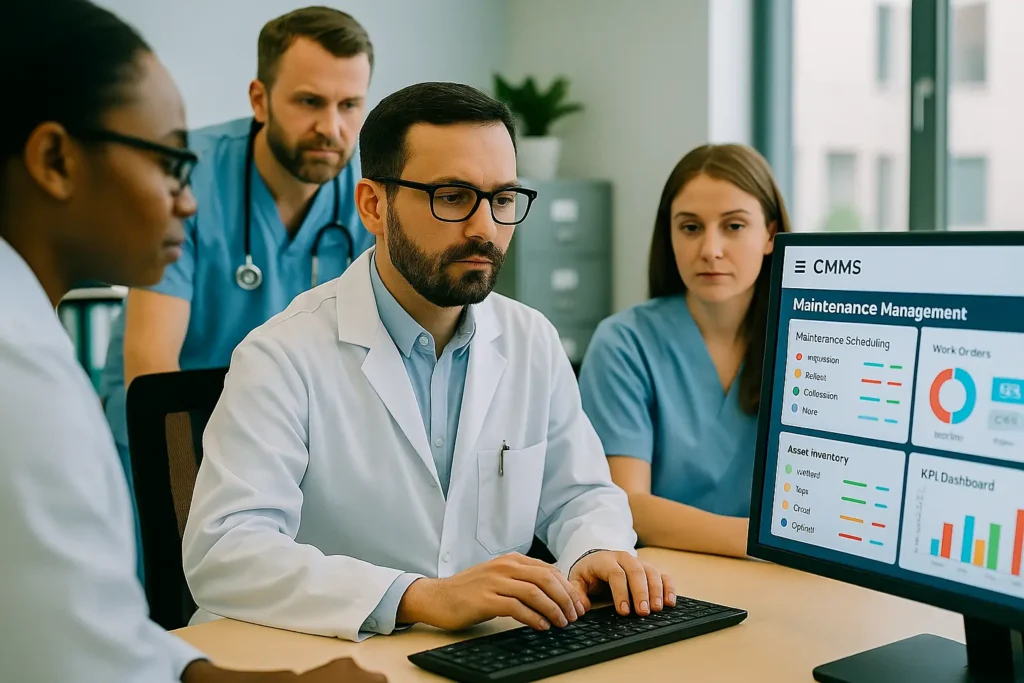 Equipo de ingenieros clínicos y personal hospitalario analizando software de mantenimiento CMMS en una oficina médica.