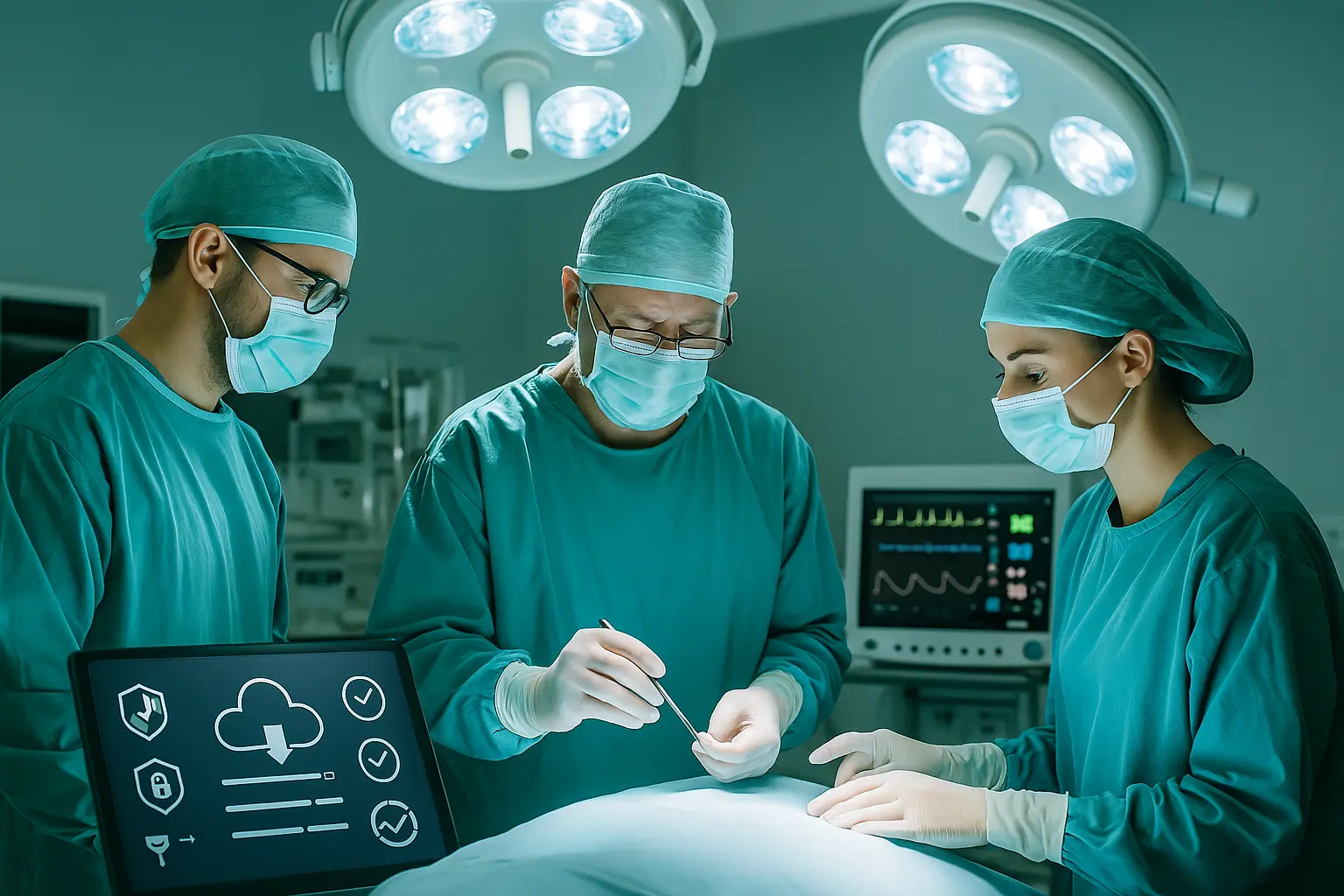 Tres profesionales médicos observan un panel de control con indicadores de mantenimiento en un hospital moderno.