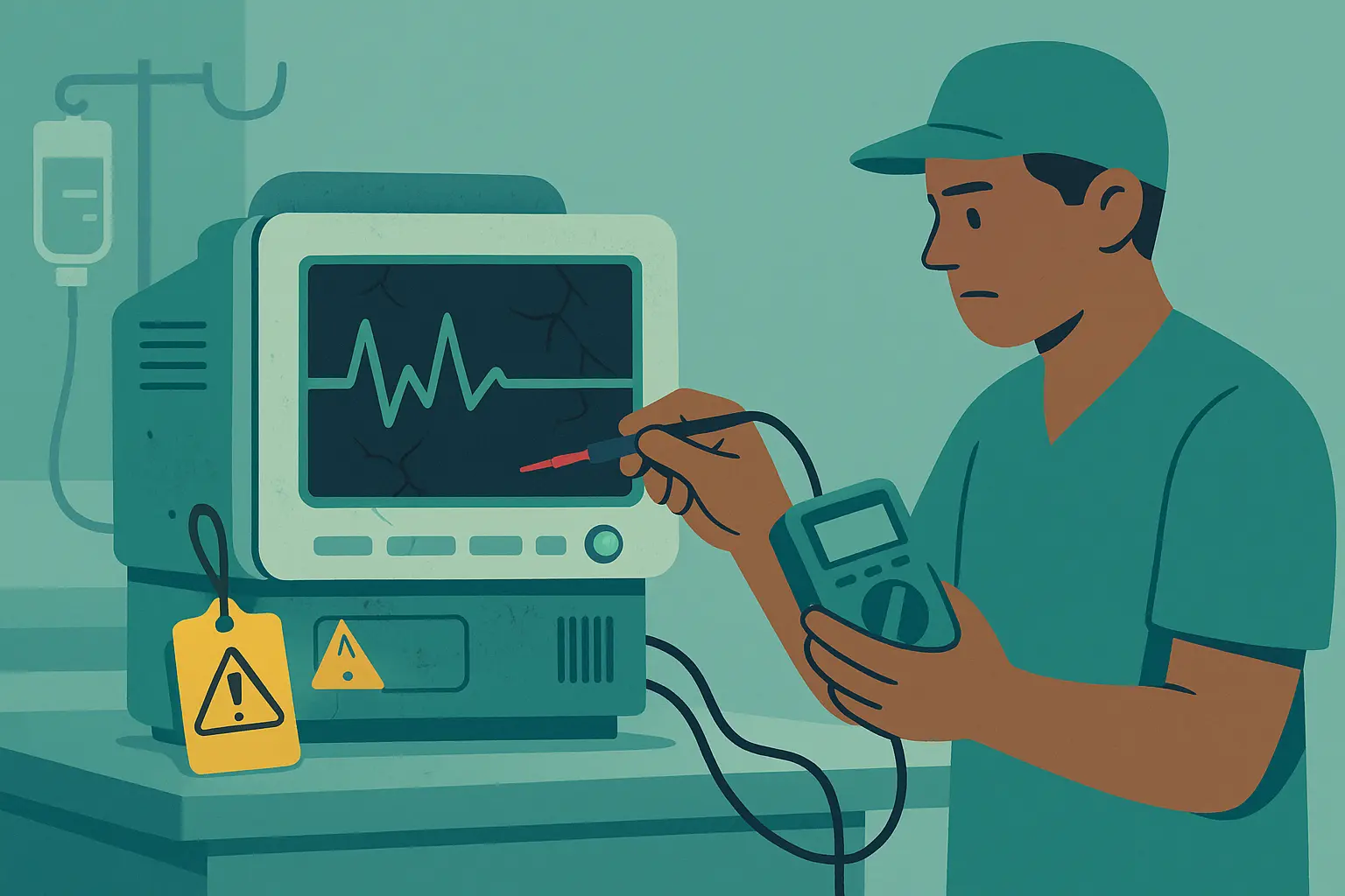 Técnico biomédico probando un monitor hospitalario antiguo con pantalla agrietada y etiquetas de advertencia, que aún enciende, simbolizando el uso de equipos en mal estado.