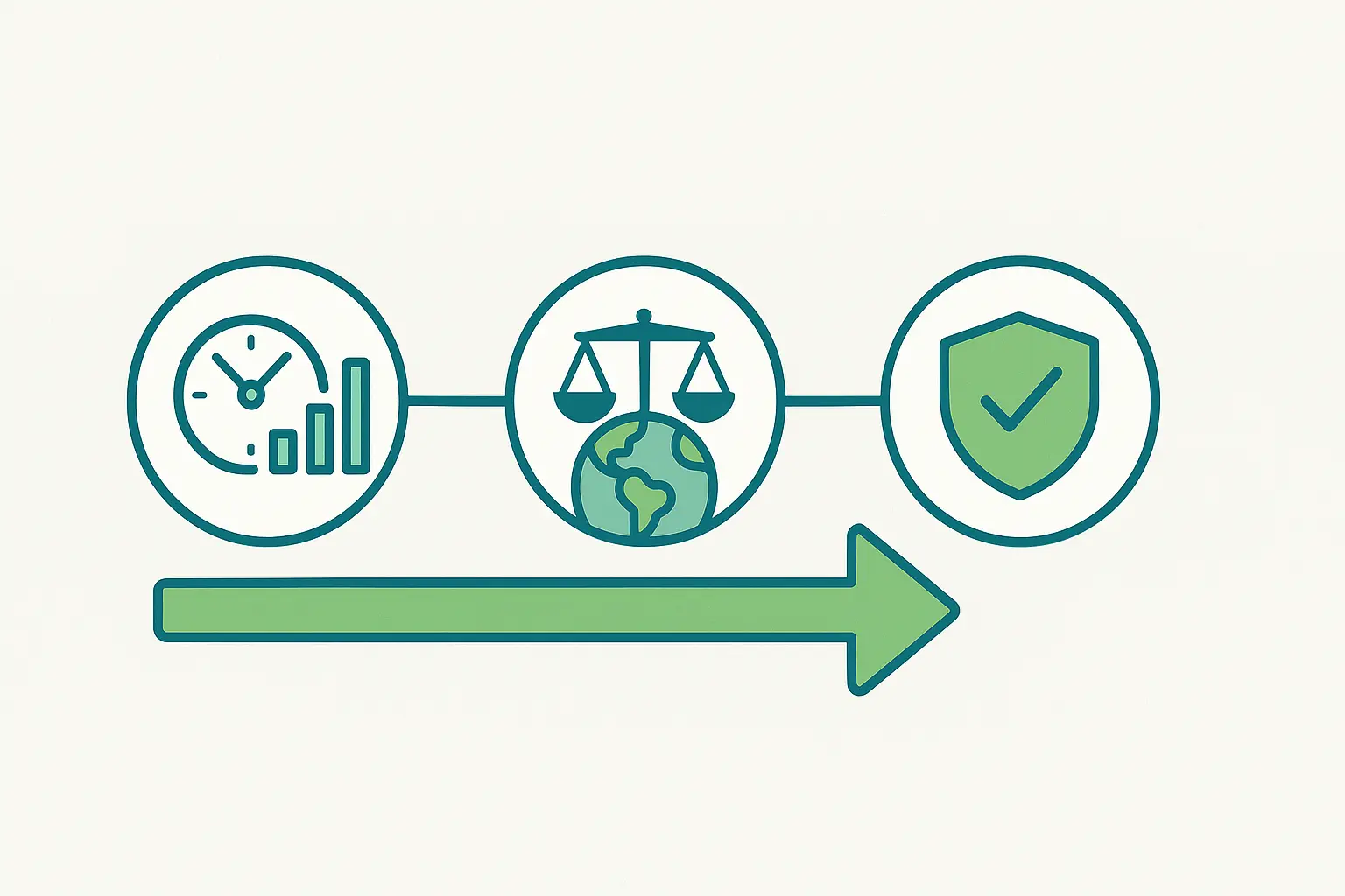 Gráfico de progreso con tres íconos: reloj con gráfico de barras para eficiencia, balanza sobre el globo terráqueo para equidad y escudo con check verde para seguridad, unidos por una flecha verde horizontal.