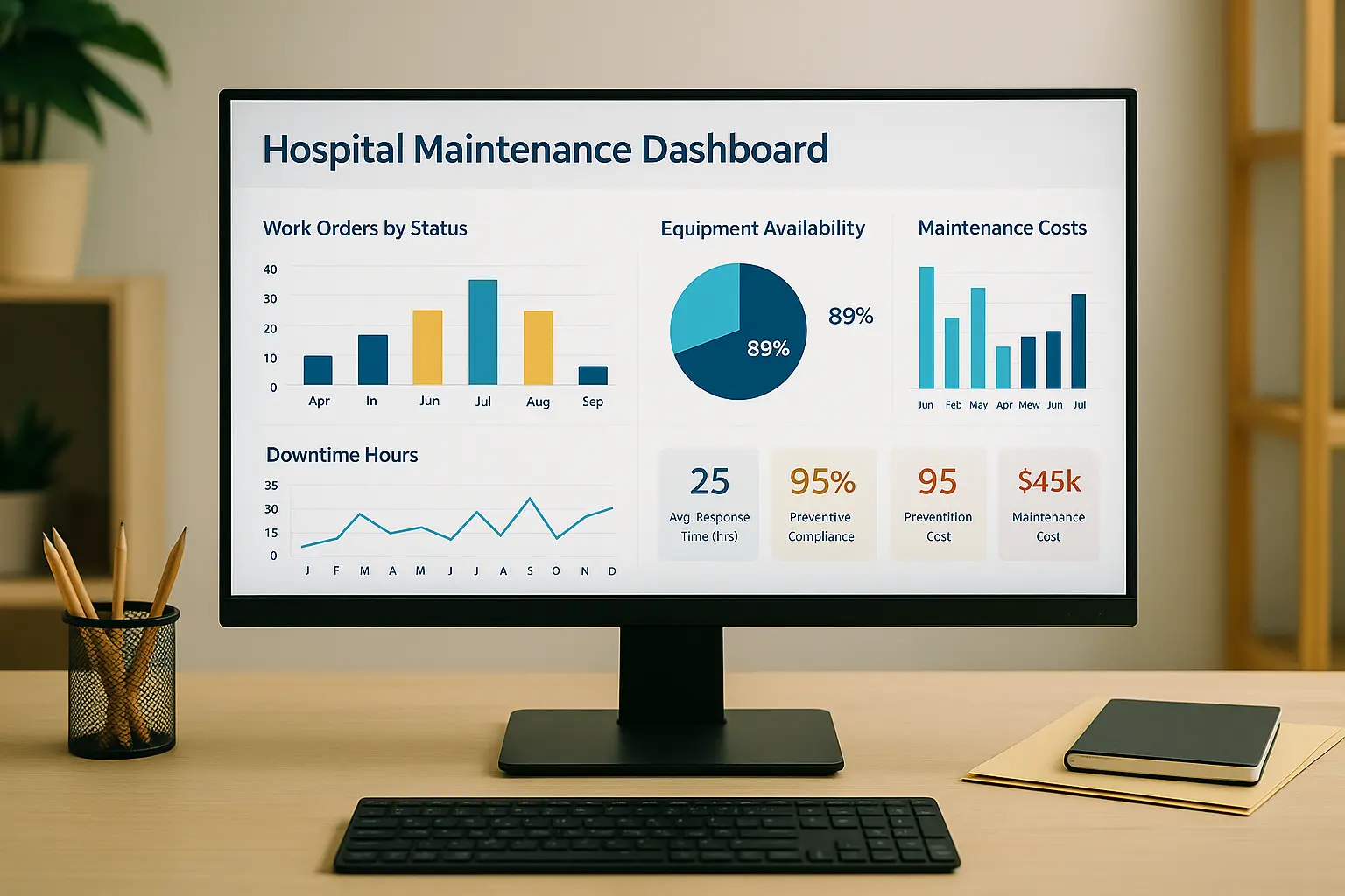 Pantalla de computador con dashboard de mantenimiento hospitalario, mostrando KPIs, gráficos de barras, líneas y pastel en una oficina profesional.
