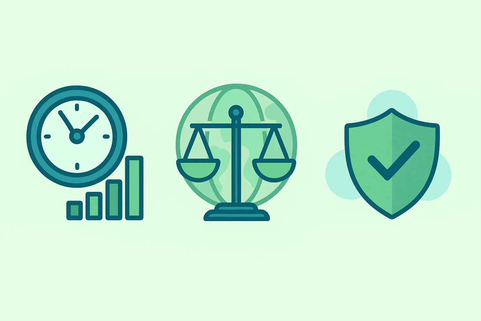 Tres íconos que representan eficiencia con un reloj y gráfico, equidad con una balanza sobre el globo terráqueo y seguridad con un escudo y check verde.