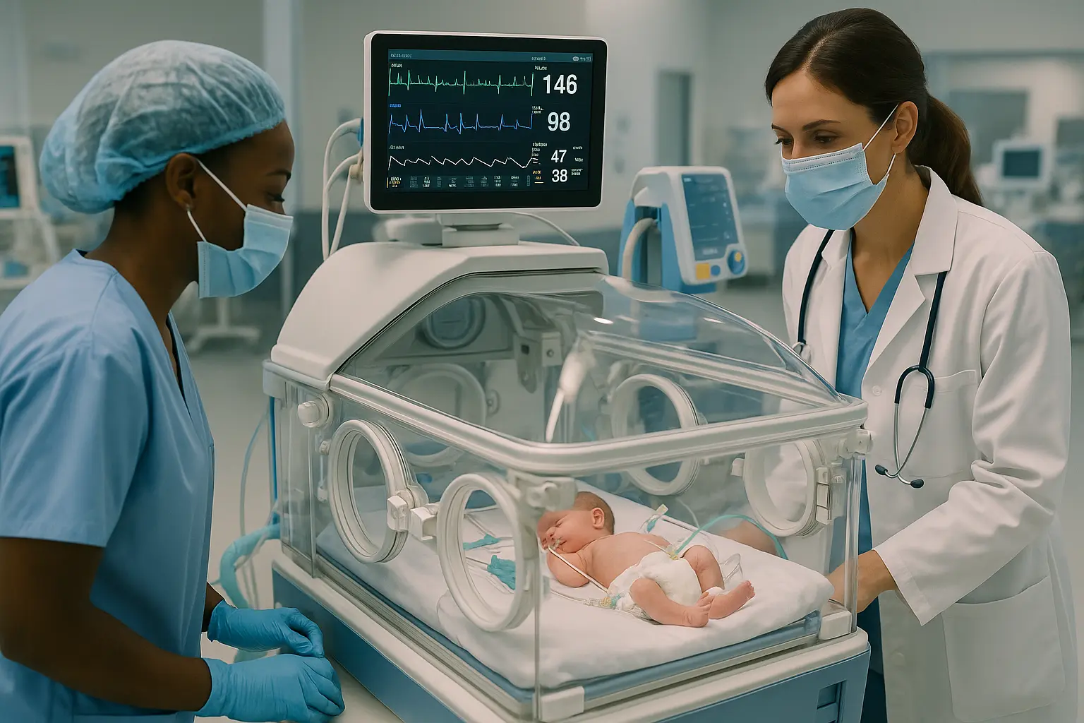 Neonatólogo revisando un monitor en una unidad de cuidados intensivos neonatales, representando la importancia de la tecnovigilancia.