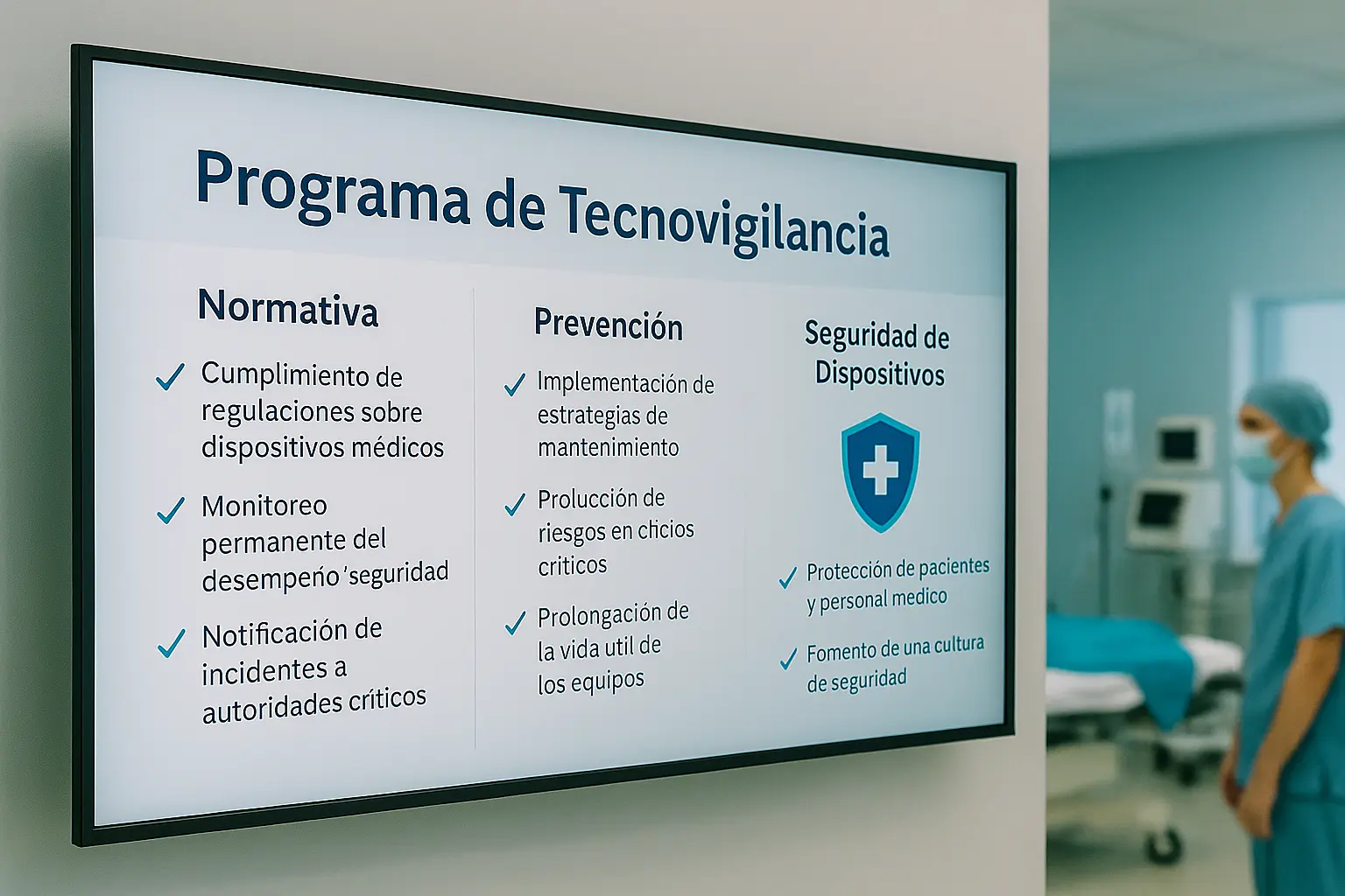 Presentación del programa de tecnovigilancia en una sala de hospital con pantalla grande