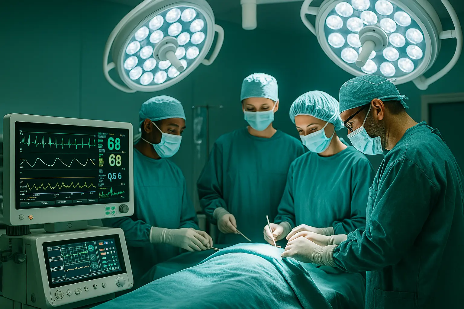 Cirujanos operando en quirófano moderno junto a monitor biomédico, cumpliendo normas de tecnovigilancia