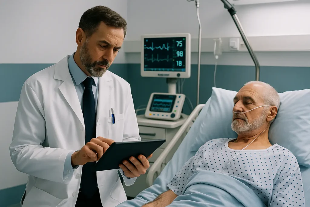 Médico revisando equipo médico conectado a una interfaz digital en una UCI neonatal, simbolizando la tecnovigilancia en hospitales