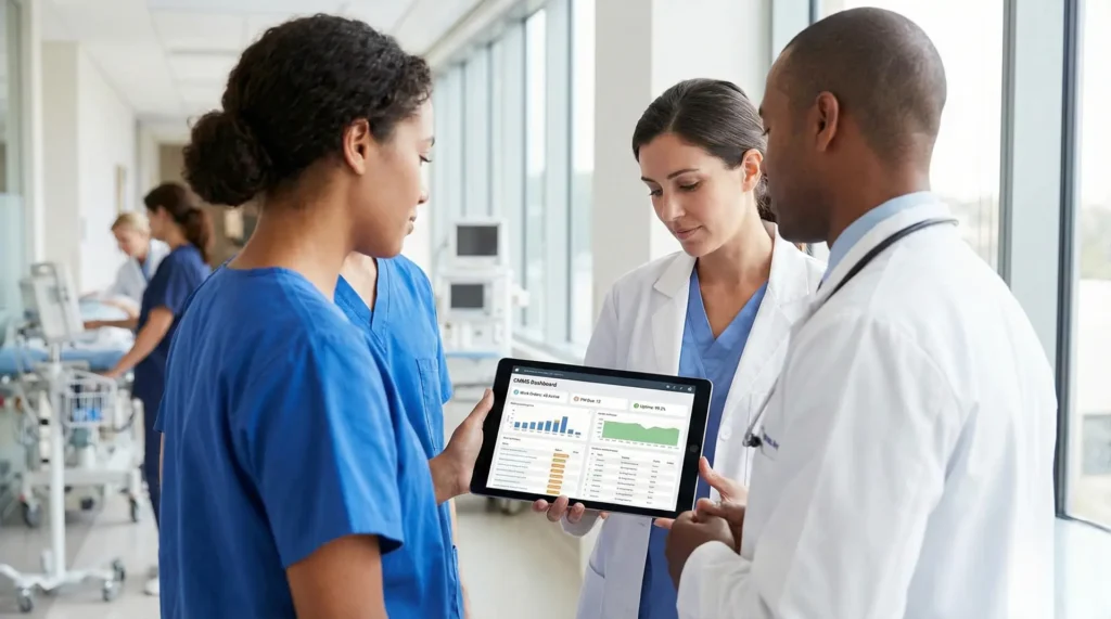 CMMS en hospital: equipo clínico revisa en una tablet un dashboard de mantenimiento con órdenes de trabajo, KPIs y estado de activos biomédicos en un pasillo hospitalario.