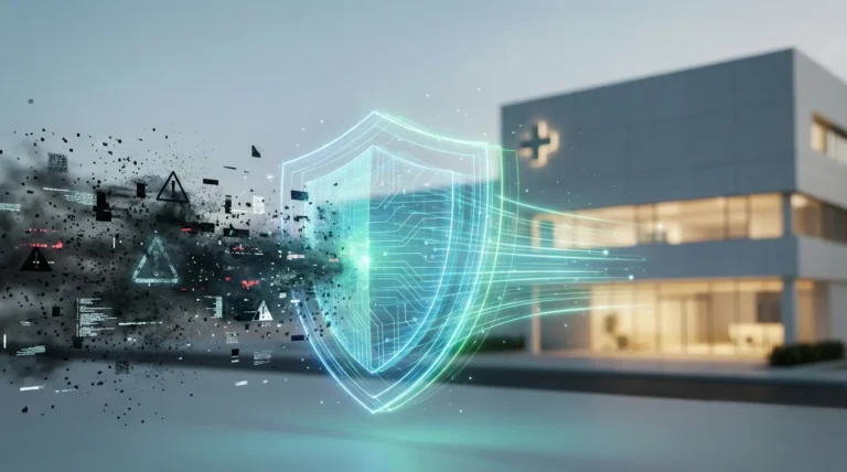 ECRI 2026: escudo digital bloquea ciberamenazas y “oscuridad digital” frente a un hospital, simbolizando estandarización y seguridad tecnológica en salud.