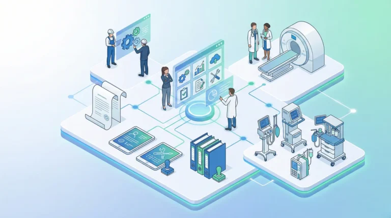 Ilustración de ingenieria clinica con ecosistema digital: gestión de equipos biomédicos, documentación, software y mantenimiento conectado