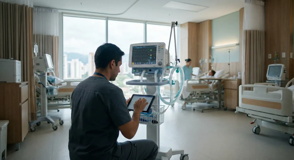 Profesional de ingenieria clinica revisa en una tablet el estado de un equipo biomédico en una sala hospitalaria moderna