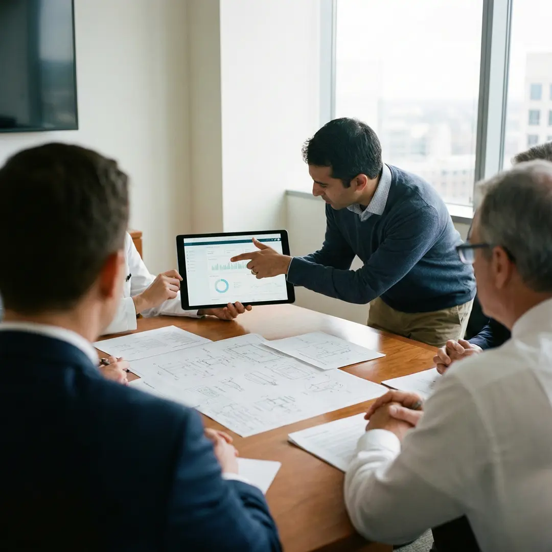 Equipo en reunión revisa indicadores en una tablet para tomar decisiones de ingenieria clinica y gestión de tecnología biomédica