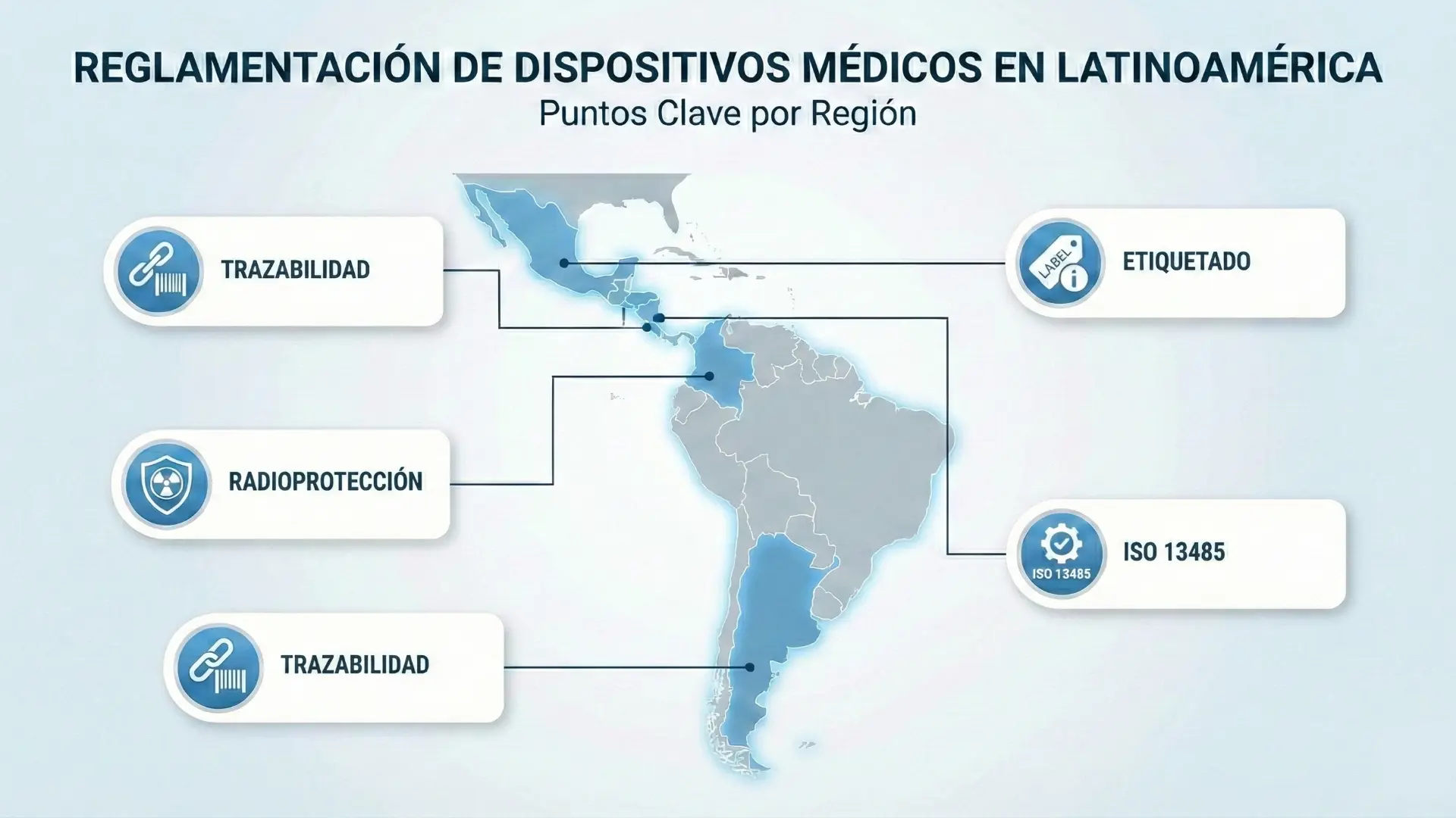 Infografía sobre reglamentación de dispositivos médicos en Latinoamérica: trazabilidad, etiquetado, radioprotección e ISO 13485, relevante para ingenieria clinica