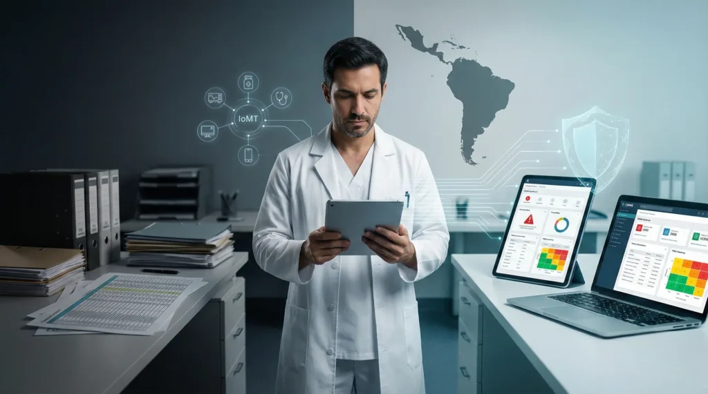Programa de tecnovigilancia con monitoreo digital: profesional de salud revisa tablet con dashboard de alertas y gestión de riesgos en dispositivos médicos