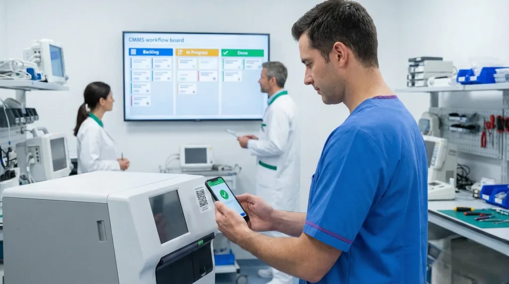 Sistema CMMS: técnico biomédico escanea un código QR en un equipo médico para registrar trazabilidad y cerrar una orden de trabajo; al fondo se ve un tablero de flujo de trabajo CMMS.
