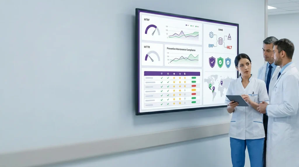 Software CMMS: equipo hospitalario revisa un dashboard con KPIs (MTBF, MTTR y cumplimiento de mantenimiento preventivo) e integraciones ERP/HL7 para gestión de activos y seguridad.
