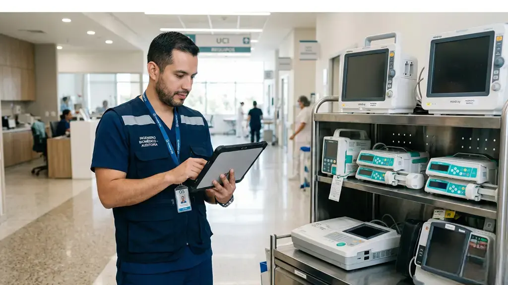 Infografía “Trazabilidad digital: ciclo de la seguridad hospitalaria” con etapas de adquisición y mantenimiento, incidente y análisis, gestión de riesgo post-mercado y acción correctiva con reporte (hasta 72 horas).