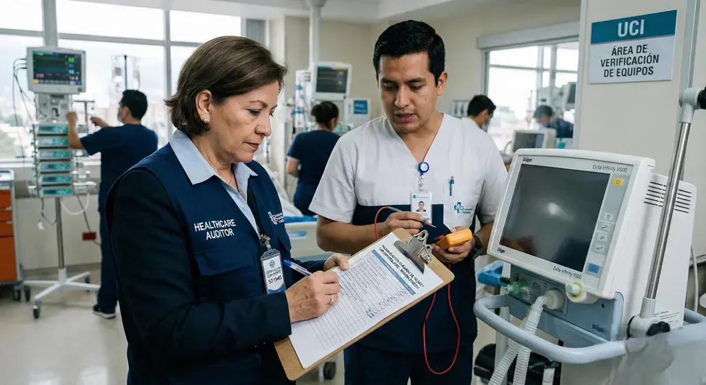 Auditoría de habilitación en UCI: auditor y biomédico verifican un ventilador y registran evidencias de verificación de equipos.