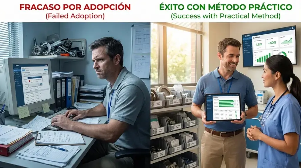 Comparación de adopción de cmms mantenimiento: a la izquierda, caos y frustración por mala adopción; a la derecha, equipo clínico usando CMMS con método práctico y resultados medibles.