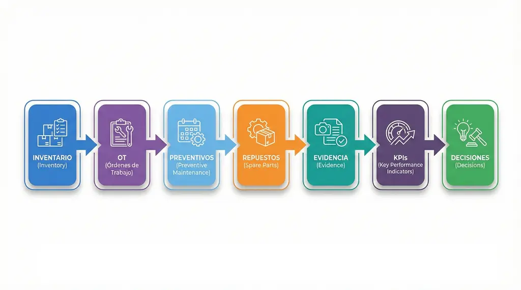 Diagrama de flujo de cmms mantenimiento con la secuencia: Inventario → OT (órdenes de trabajo) → Preventivos → Repuestos → Evidencia → KPIs → Decisiones.