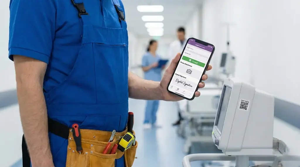 nico en hospital usando app de CMMS software de mantenimiento en el móvil para registrar una orden de trabajo y trazabilidad de un equipo biomédico.