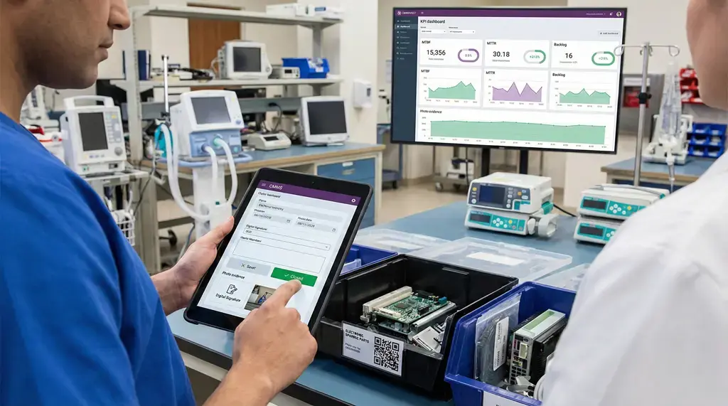 CMMS software de mantenimiento en hospital: técnico biomédico registra una orden de trabajo en tablet mientras un dashboard muestra KPIs (MTBF, MTTR y backlog) y piezas trazables.