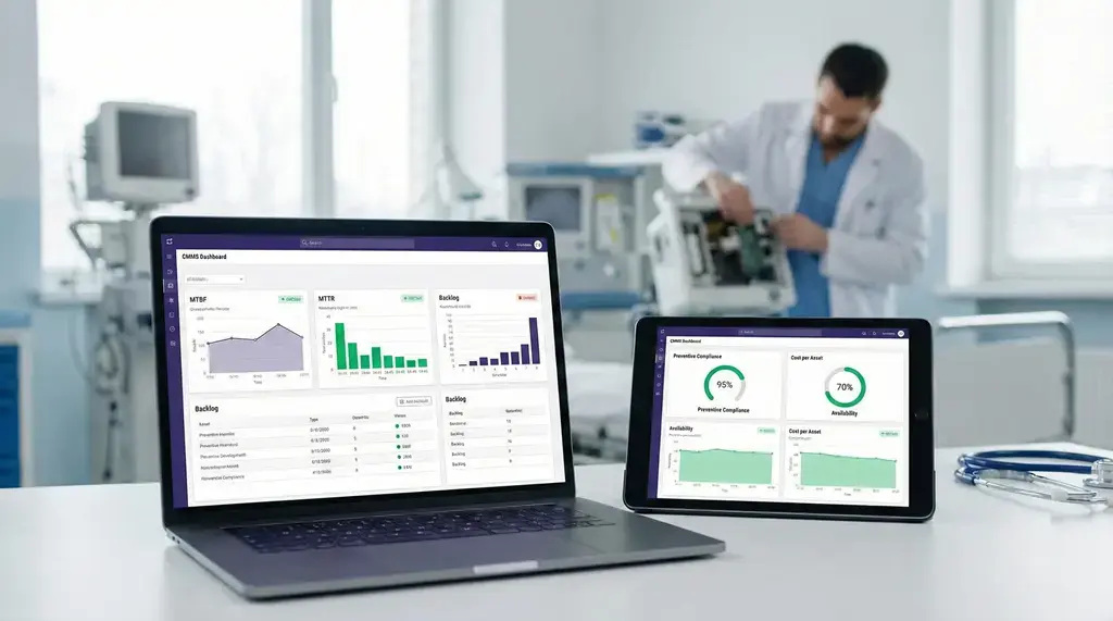 CMMS software de mantenimiento en hospital: dashboard en laptop y tablet con KPIs (MTBF, MTTR, backlog) para gestión y trazabilidad biomédica.