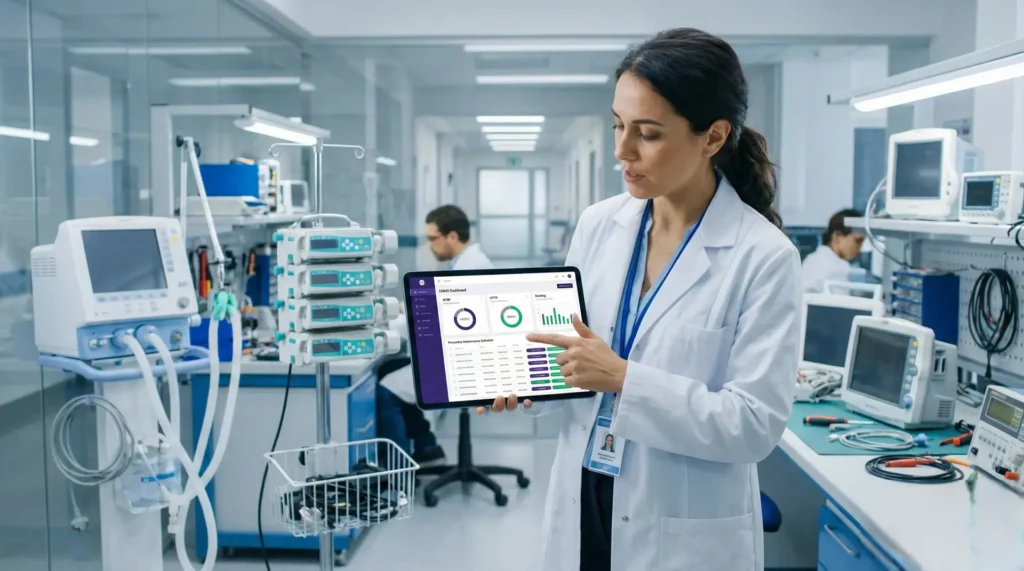 Ingeniera biomédica en hospital mostrando en una tablet un dashboard de CMMS software de mantenimiento para gestionar órdenes de trabajo y mantenimiento preventivo de equipos médicos