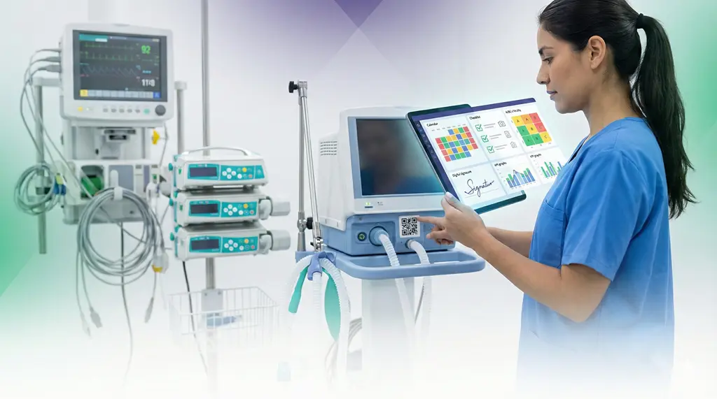 Cronograma de mantenimiento de equipos médicos: profesional en hospital usa CMMS en tablet con checklist, KPIs y trazabilidad por QR para equipos críticos.