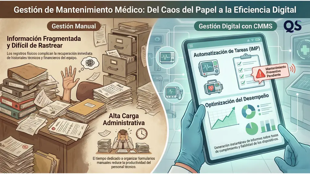Cronograma de mantenimiento de equipos médicos: comparación entre gestión manual en papel (caos y alta carga administrativa) y gestión digital con CMMS (automatización, alertas y desempeño).