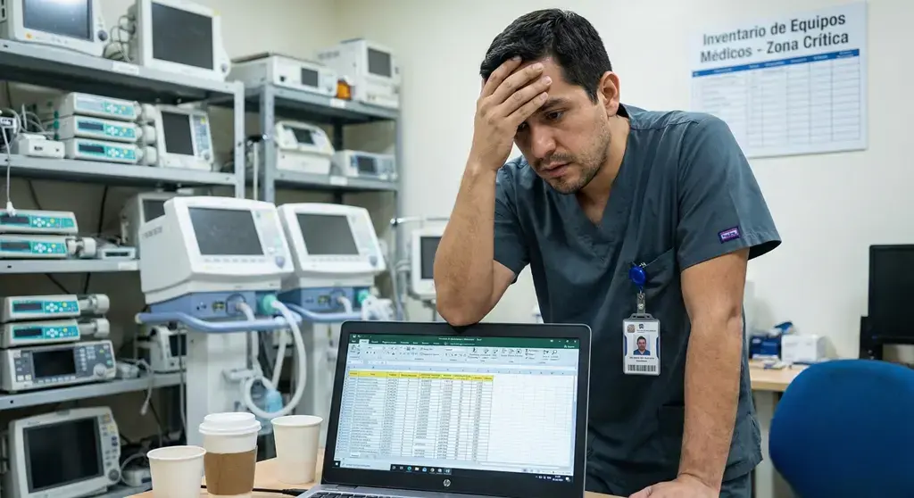 Inventario biomédico en Excel: ingeniero clínico revisa hoja de cálculo para demostrar trazabilidad en auditoría de habilitación