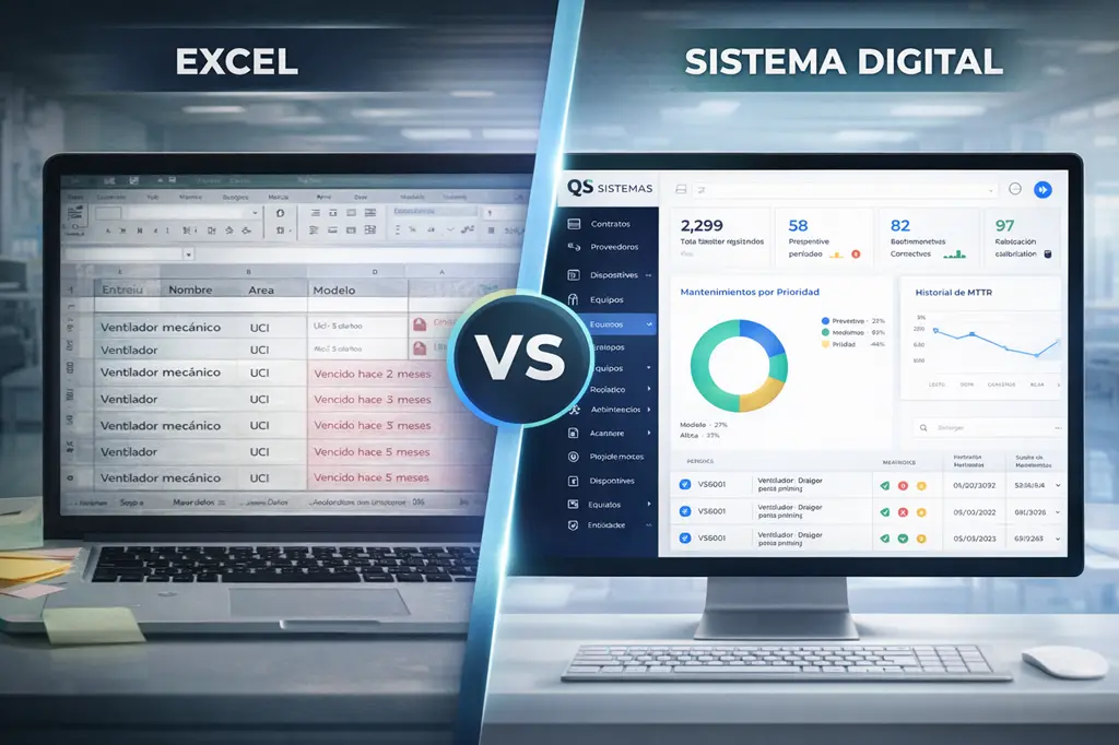 Inventario biomédico: comparación Excel vs sistema digital con trazabilidad, alertas y control para auditorías hospitalarias