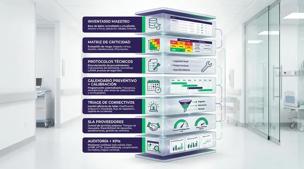 Infografía de mantenimiento a equipo medico con módulos tipo CMMS: inventario maestro, matriz de criticidad, protocolos técnicos, calendario preventivo, triage de correctivos, SLA de proveedores y auditoría + KPIs.