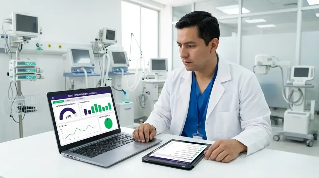 DasProfesional de ingeniería clínica gestionando mantenimiento a equipo medico con tablero tipo CMMS en laptop y tablet, con KPIs como cumplimiento preventivo y tendencias de desempeño.
